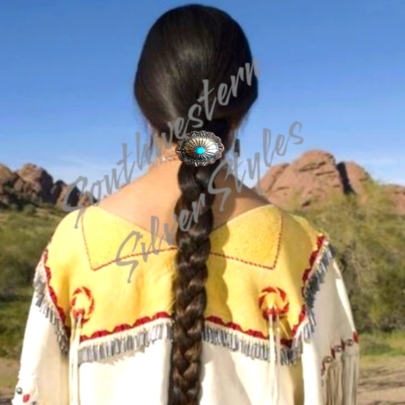 Southwest Silver Pumpkin Concho Flower Turquoise Blue Elastic Band Hair Tie (B) - Picture 2 of 3